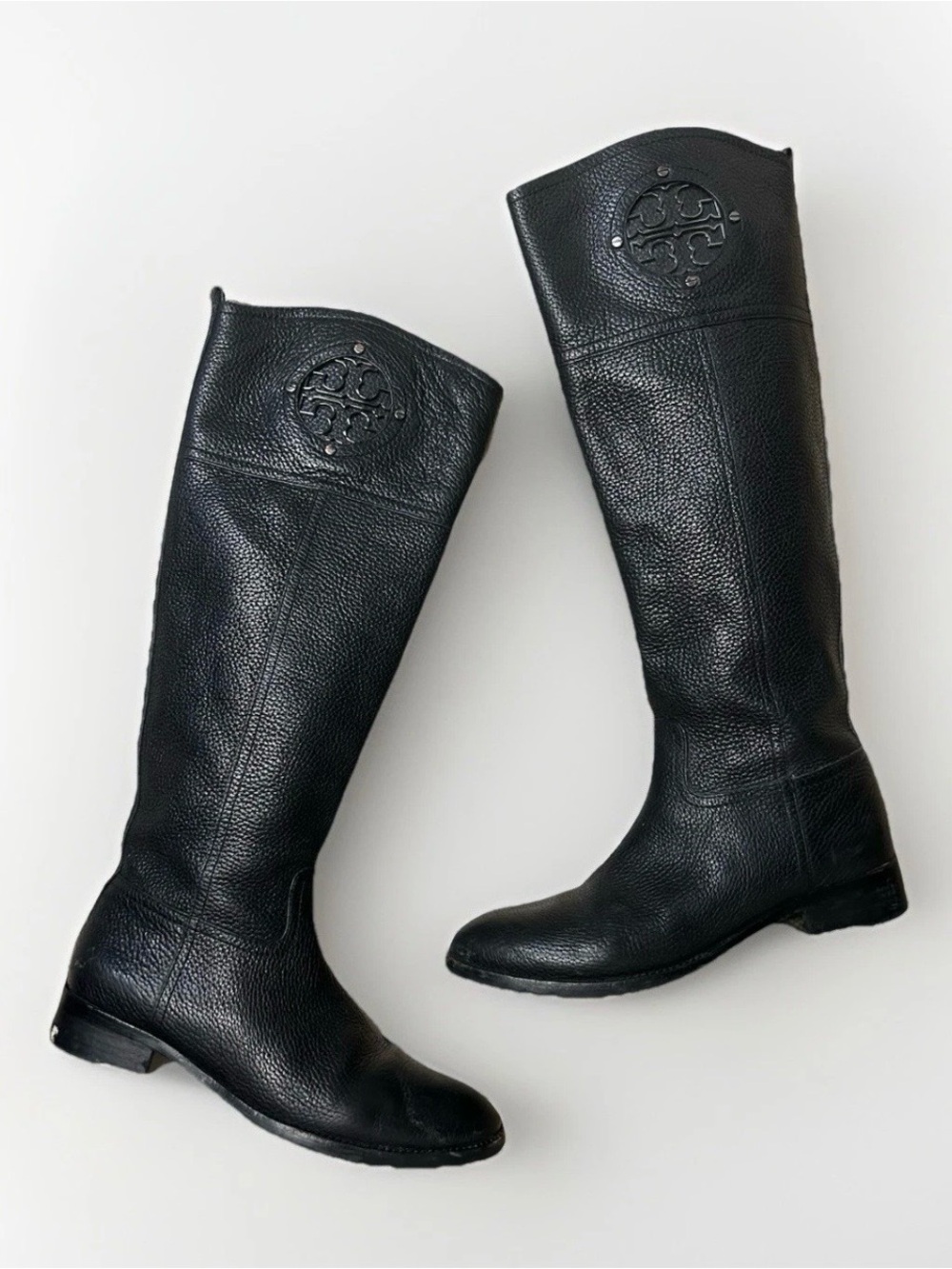 Tory Burch Boots Kiernan Tall Riding Black Pebbled Leather Logo Equestrian Sz 6M